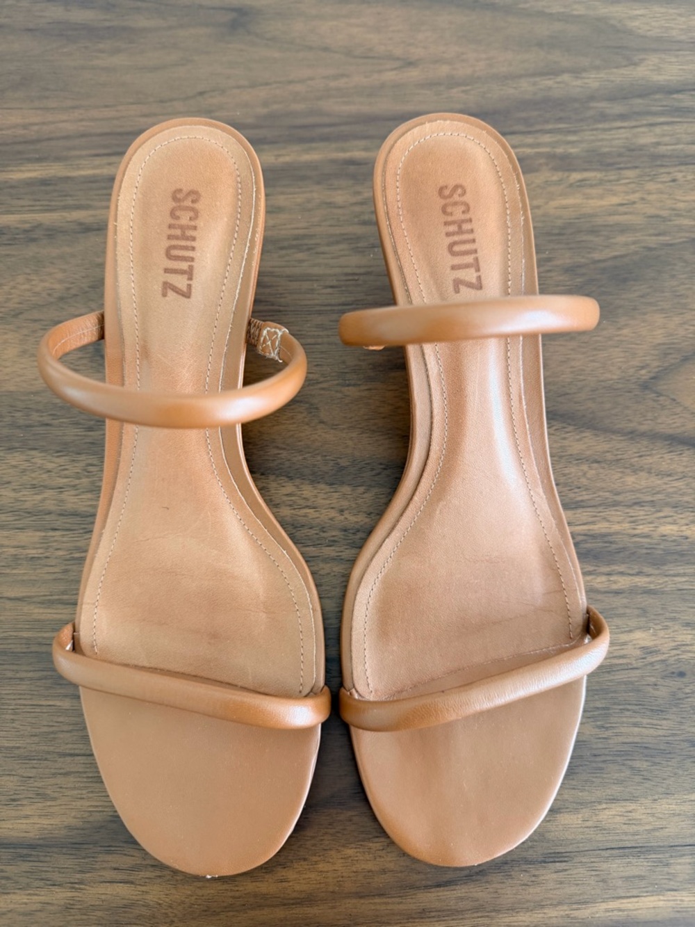 SCHUTZ Tan Double-Strap Leather Slide Sandals